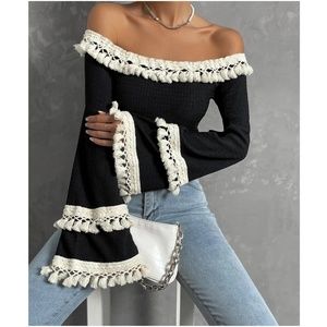 Boho Off Shoulder Tassel Detail Cropped Top